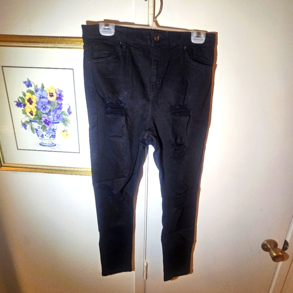 Topshop Moto Jamie Jeans Black Skinny Stretch Distressed 34x30